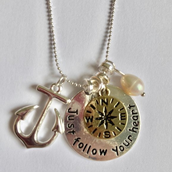 Nautical Compass Anchor Pearl Pendant Necklace Silver Plated 19" Freshwater - Picture 10 of 12